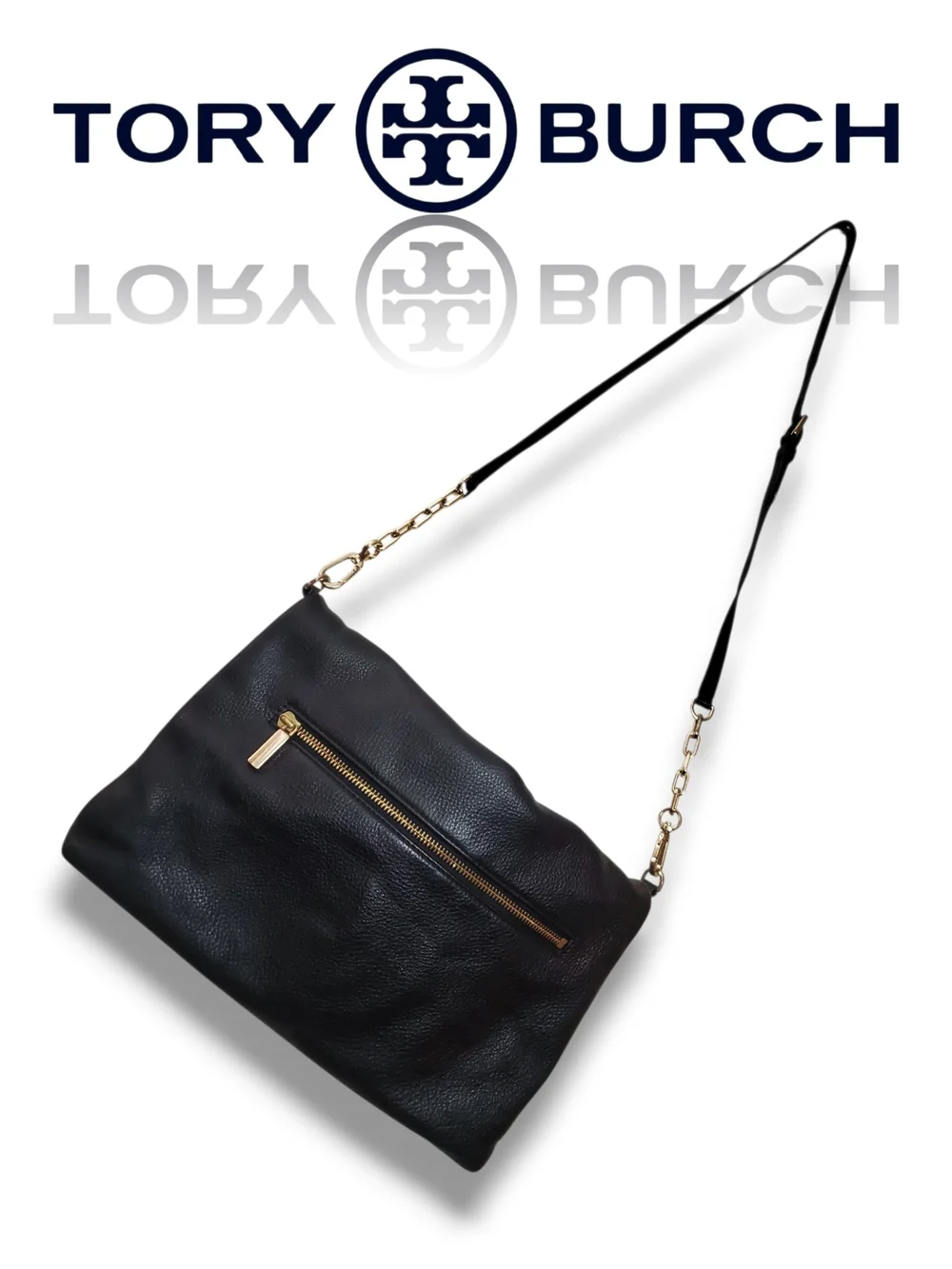 Tory Burch Black Pebbled Leather Amanda Foldover 2 Way Crossbody Messenger Bag